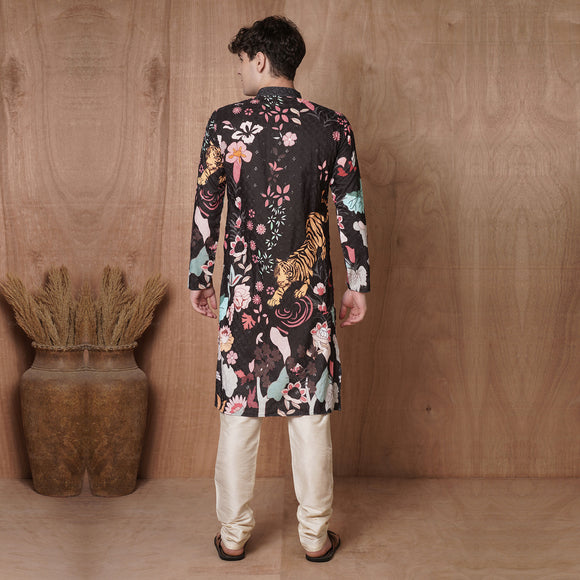Back view of men’s black festive kurta with bold tiger and floral design, showcasing detailed ethnic print for traditional events.