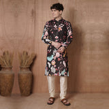 Men’s Black Designer Kurta with Tiger & Floral Print | Ethnic Festive Kurta for Weddings, Haldi, Diwali & Parties 5