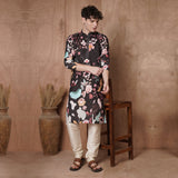 Men’s Black Designer Kurta with Tiger & Floral Print | Ethnic Festive Kurta for Weddings, Haldi, Diwali & Parties 3