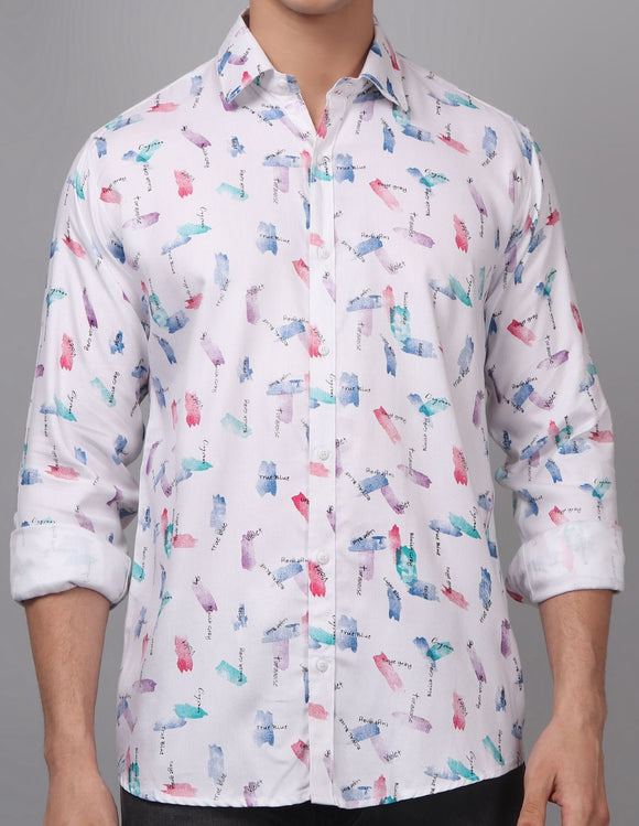 a man wearing a white shirt with a colorful pattern