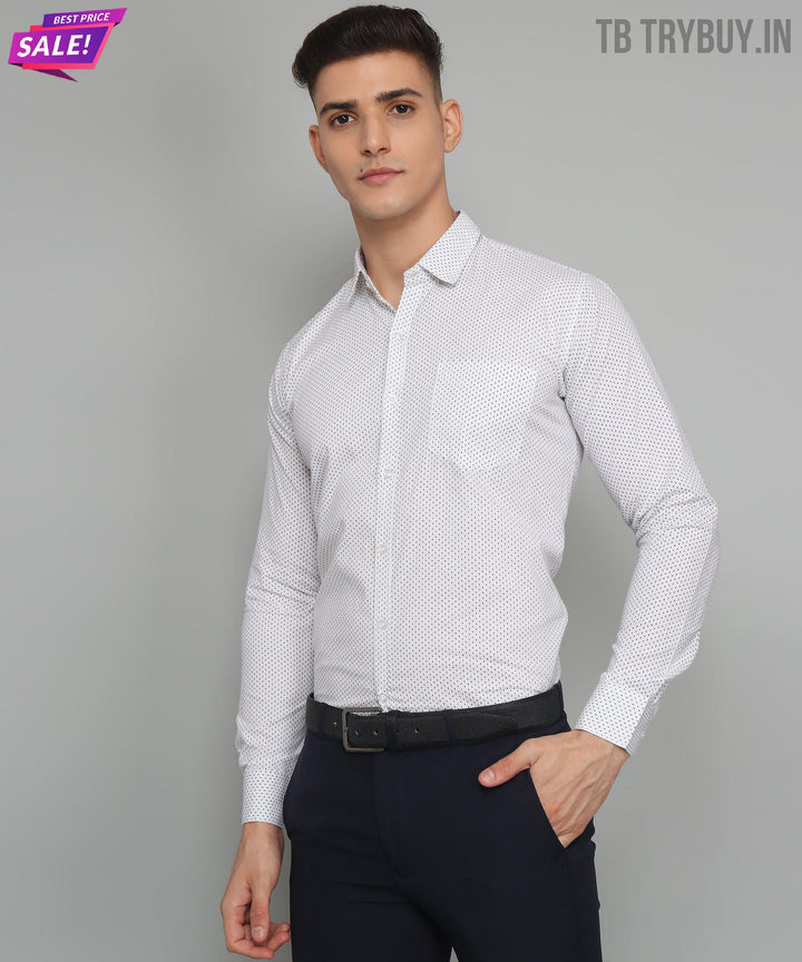 TryBuy Premium Pure Cotton Blue Dotted Print Cotton Casual/Formal White Shirt for Men