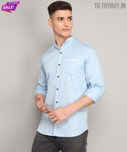 TryBuy Premium Fashionable Full Sleeves Mandarin Collar Sky Blue Cotton Casual Shirt for Men