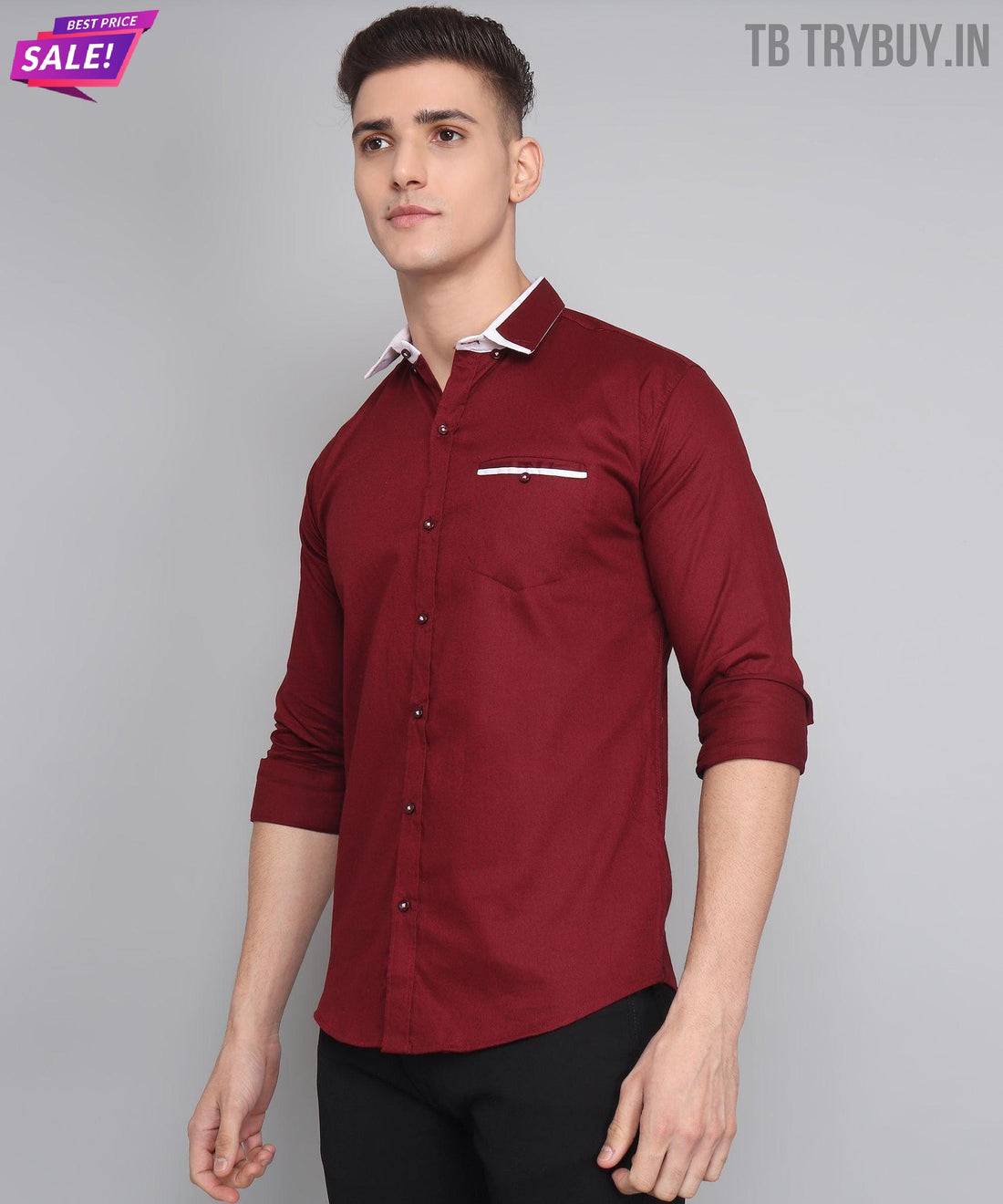 a man wearing a red shirt and black pants