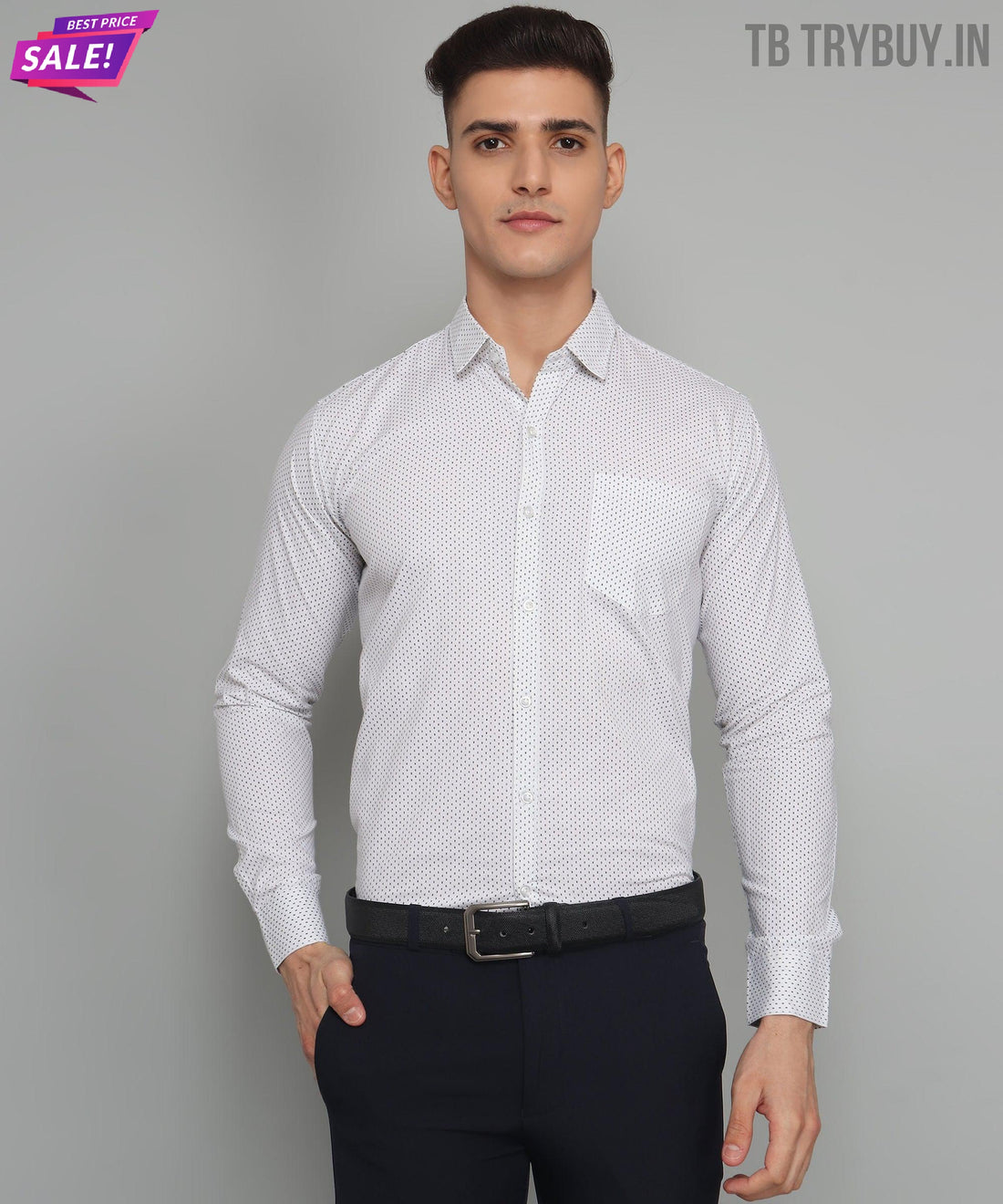 Polka Dot Print Cotton White Men's Shirt