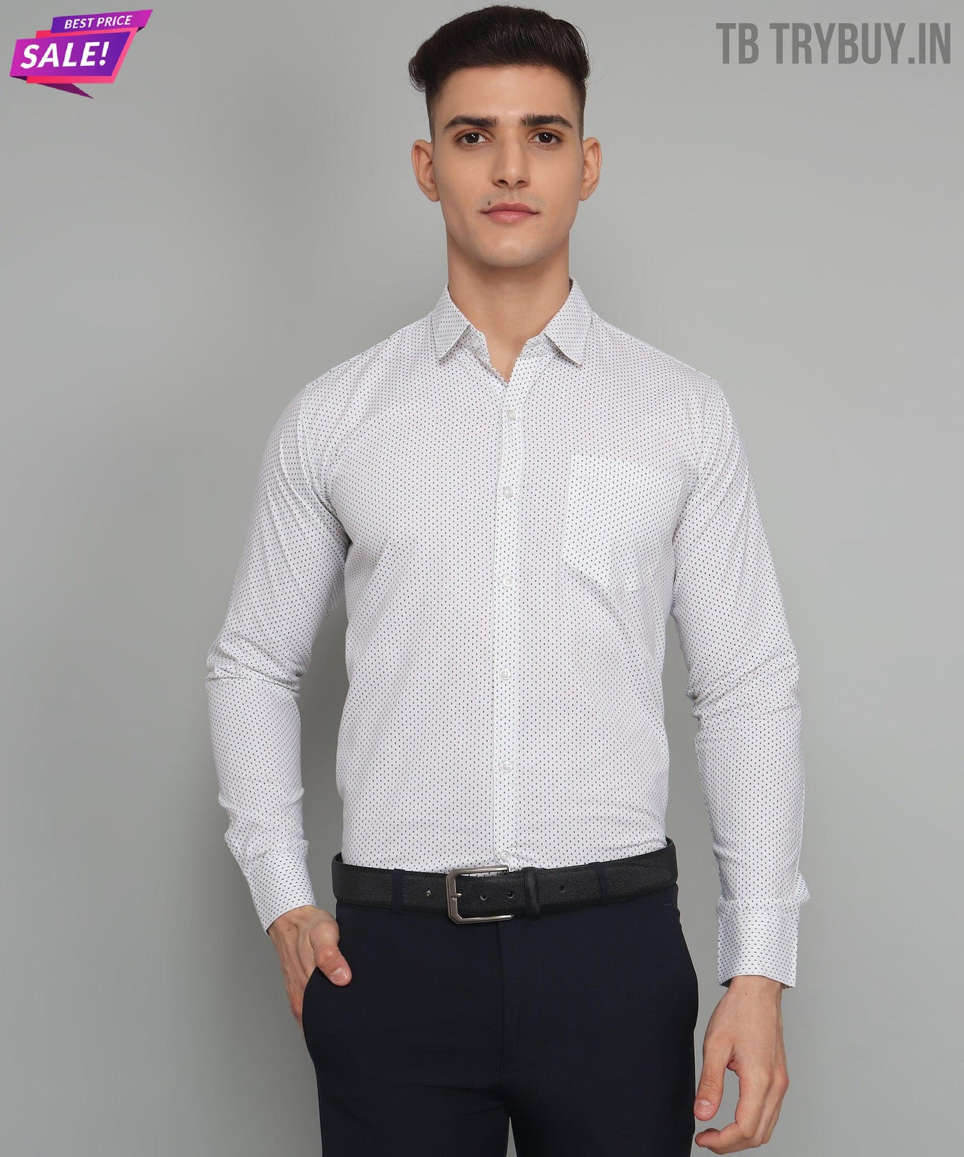 White Polka Dot Printed Cotton Shirt for Men