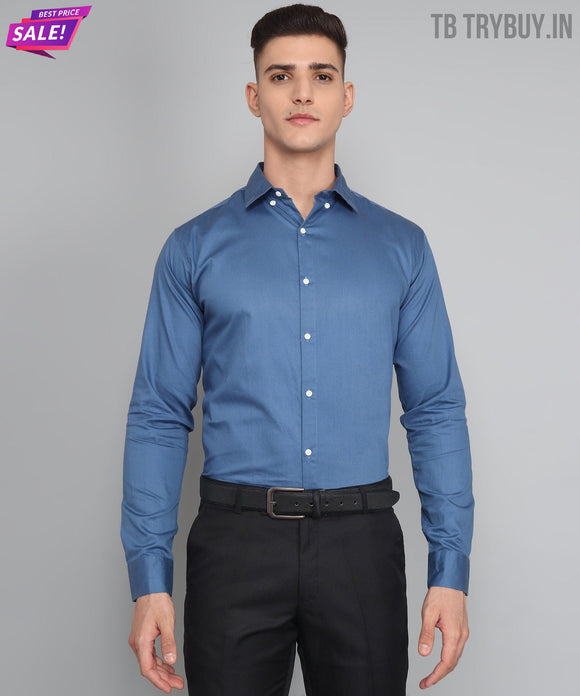 a man wearing a blue shirt and black pants