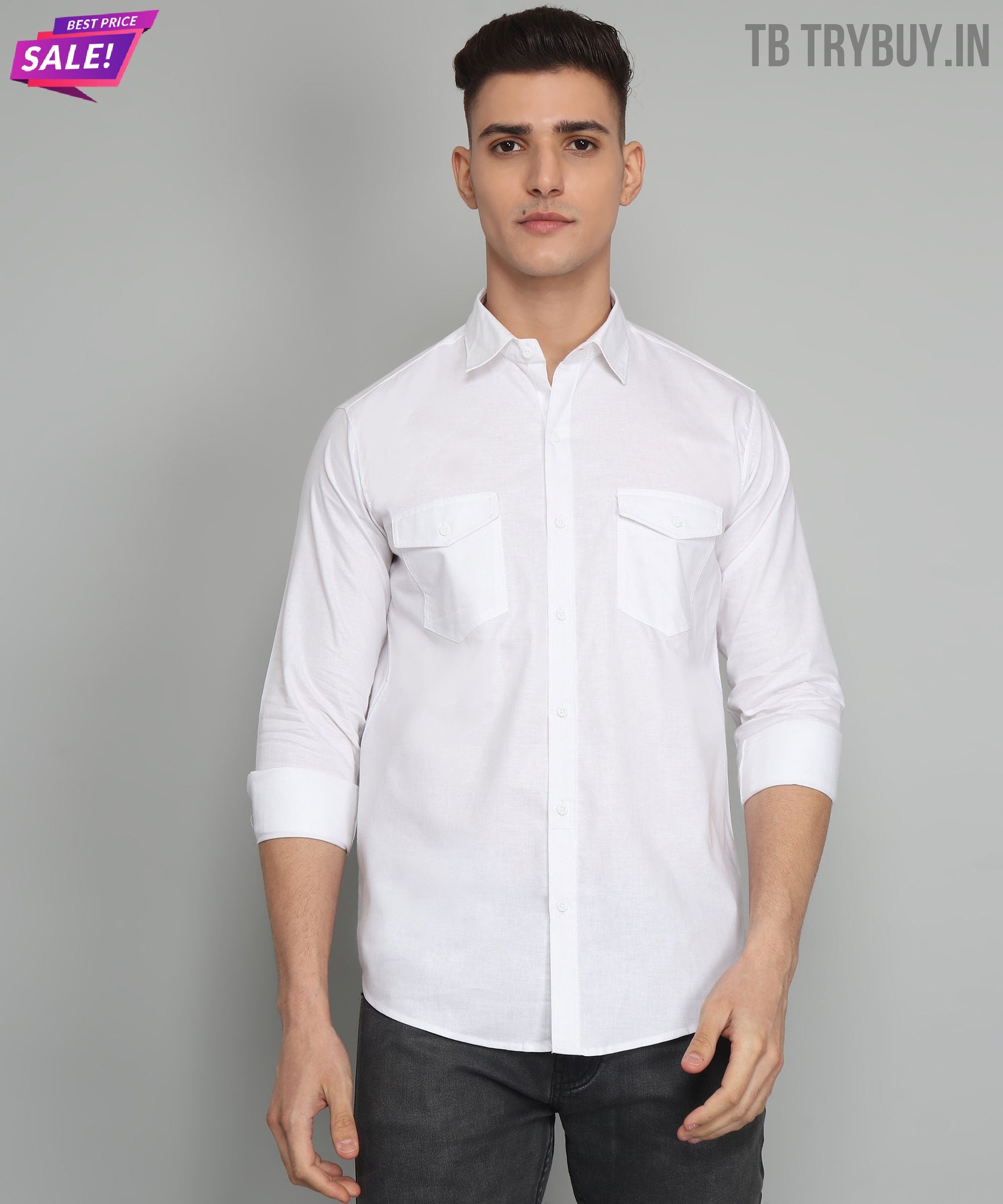 Fancy Fabulous TryBuy Premium White Solid Cotton Linen Casual Double Pocket Shirt