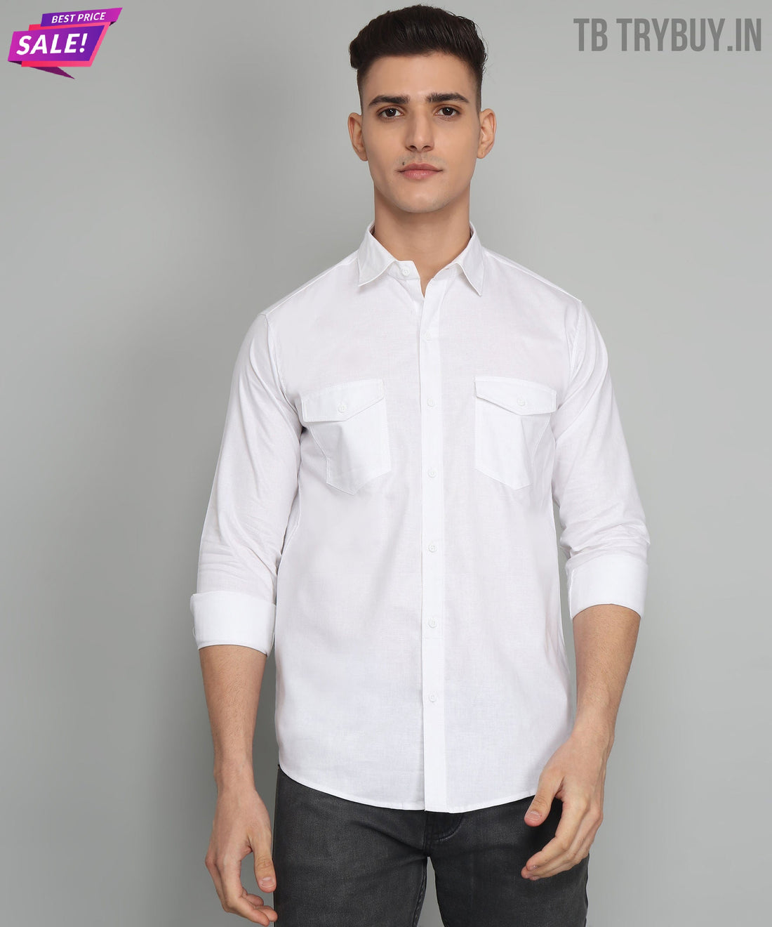 
a man wearing a wit overhemd en jeans afbeelding van TryBuy
