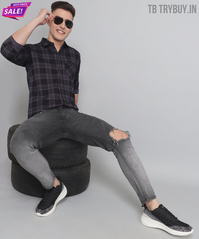 Black Grey Checked Cotton Shirt for Men 2