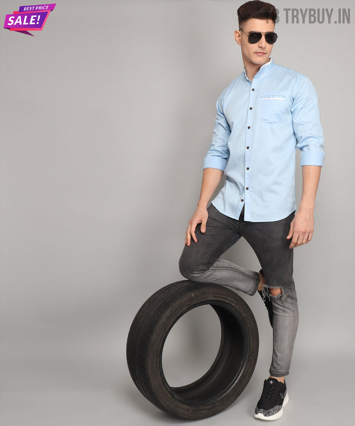 TryBuy Premium Fashionable Full Sleeves Mandarin Collar Sky Blue Cotton Casual Shirt for Men