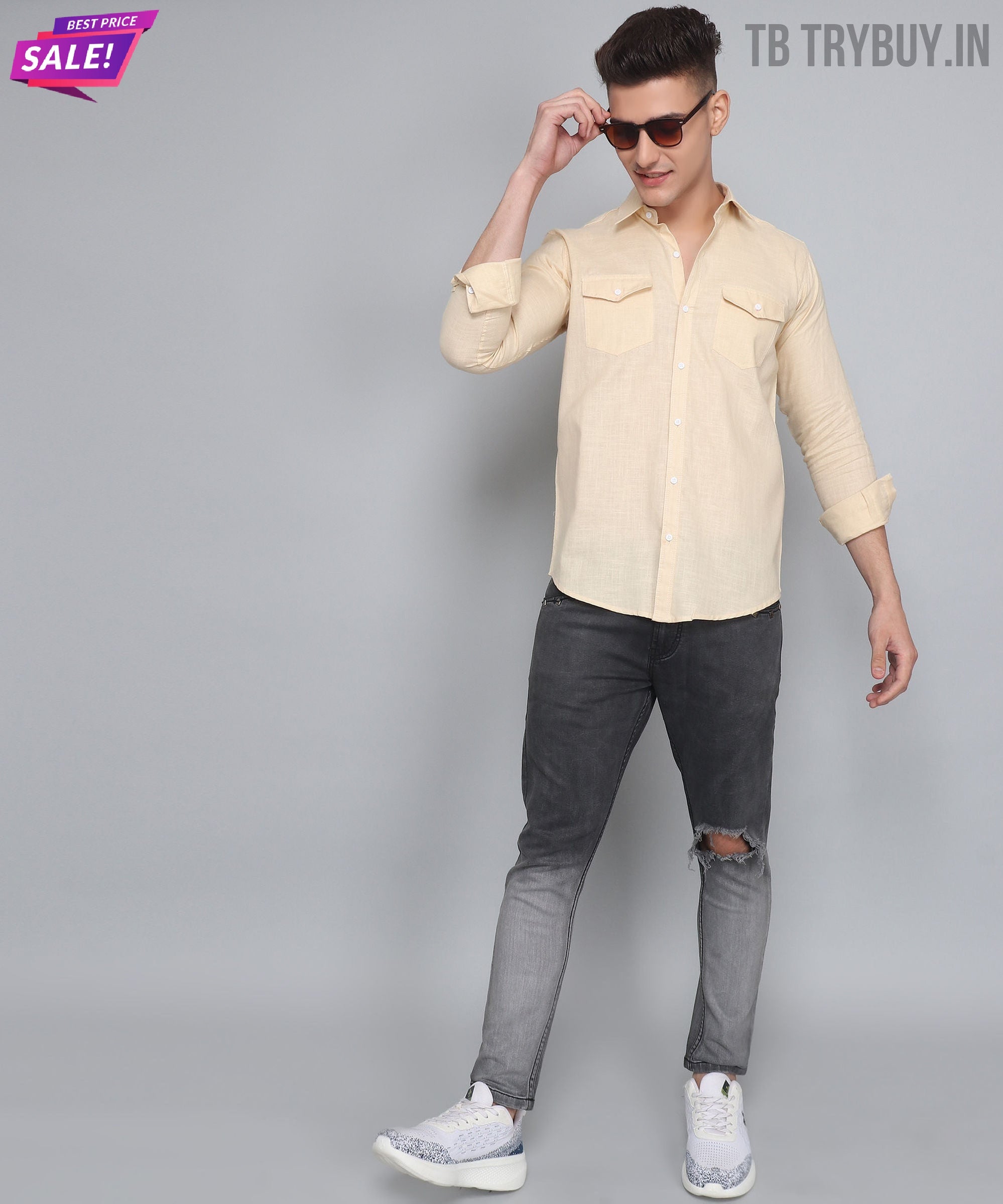Men's Designer TryBuy Premium Cream Solid Cotton Linen Casual Double Pocket Shirt