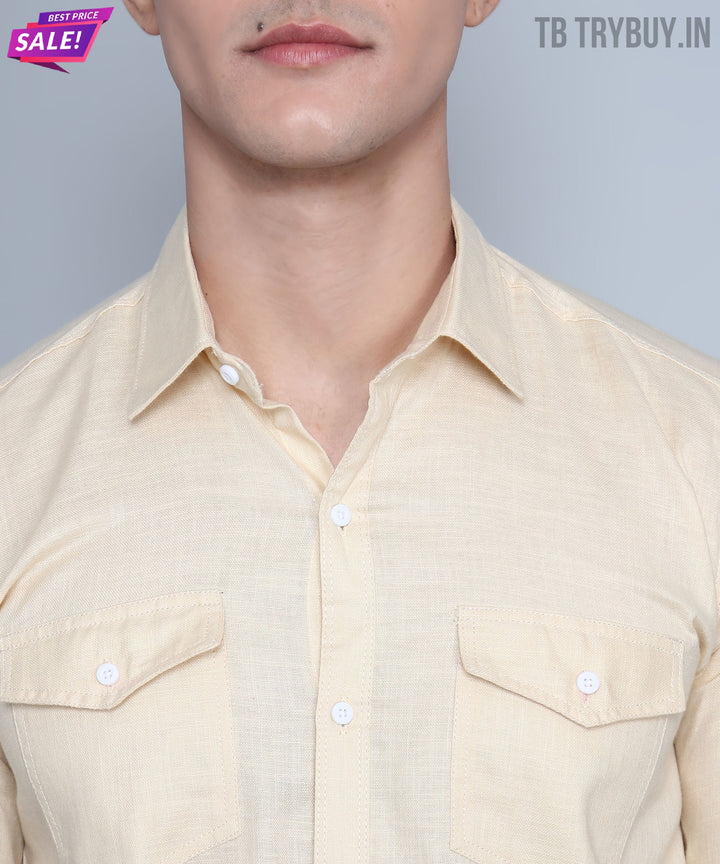 Men's Designer TryBuy Premium Cream Solid Cotton Linen Casual Double Pocket Shirt