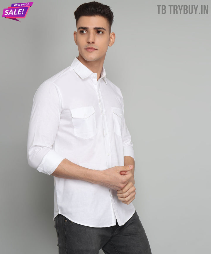 Fancy Fabulous TryBuy Premium White Solid Cotton Linen Casual Double Pocket Shirt