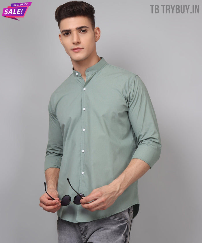 Ocean Green Cotton Mandarin Collar Shirt 2