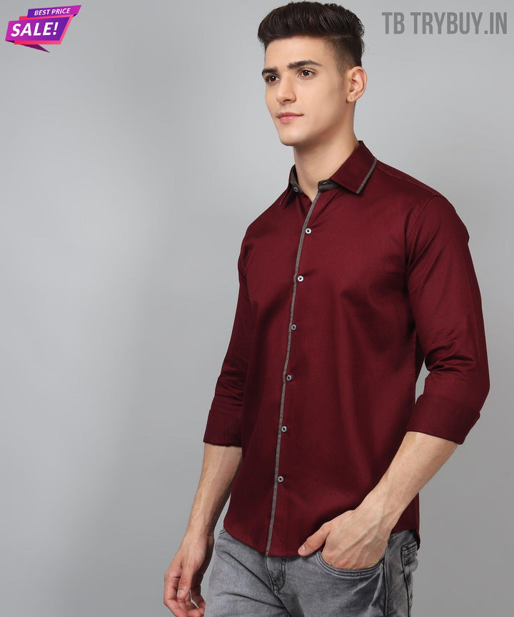 Luxurious Partywear TryBuy Premium WineRed Cotton Casual Solid Shirt for Men
