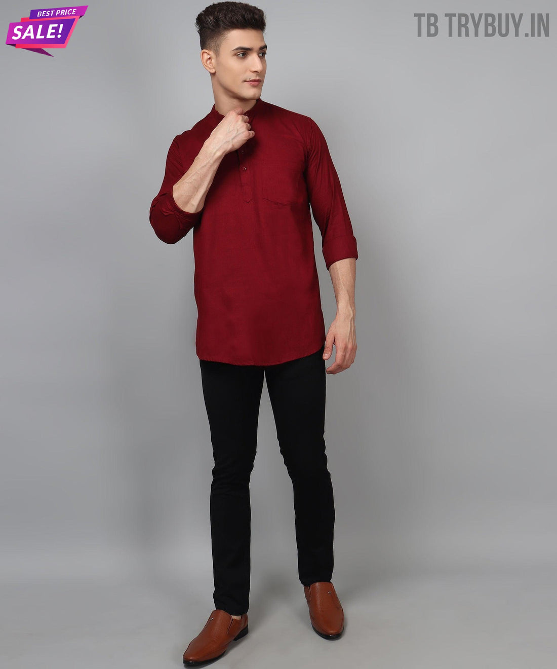 Maroon regular-fit cotton kurta for men