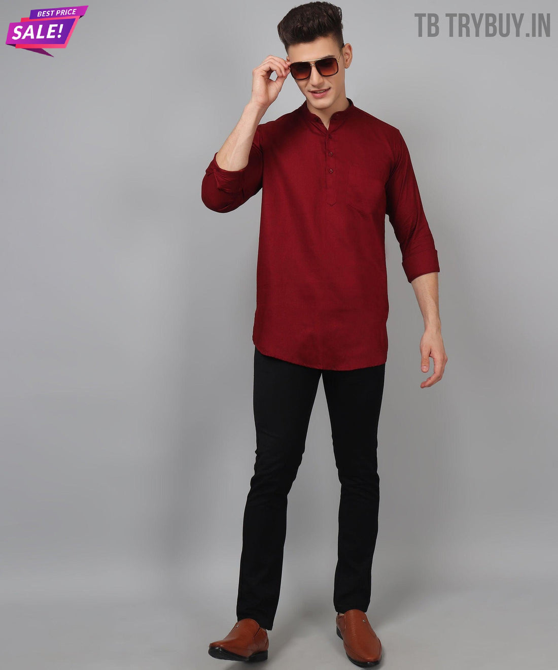 Maroon regular-fit cotton kurta for men