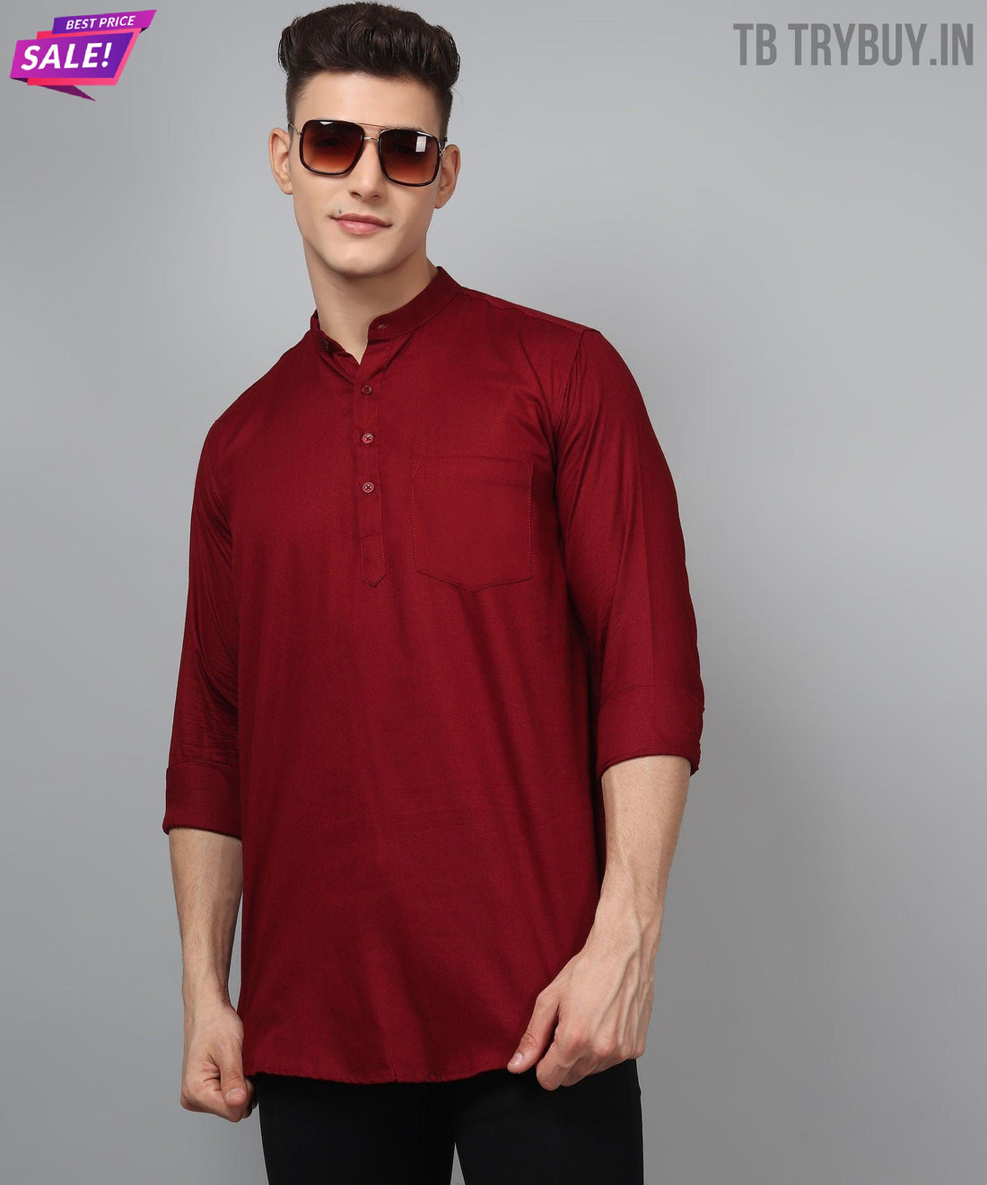 Maroon regular-fit cotton kurta for men