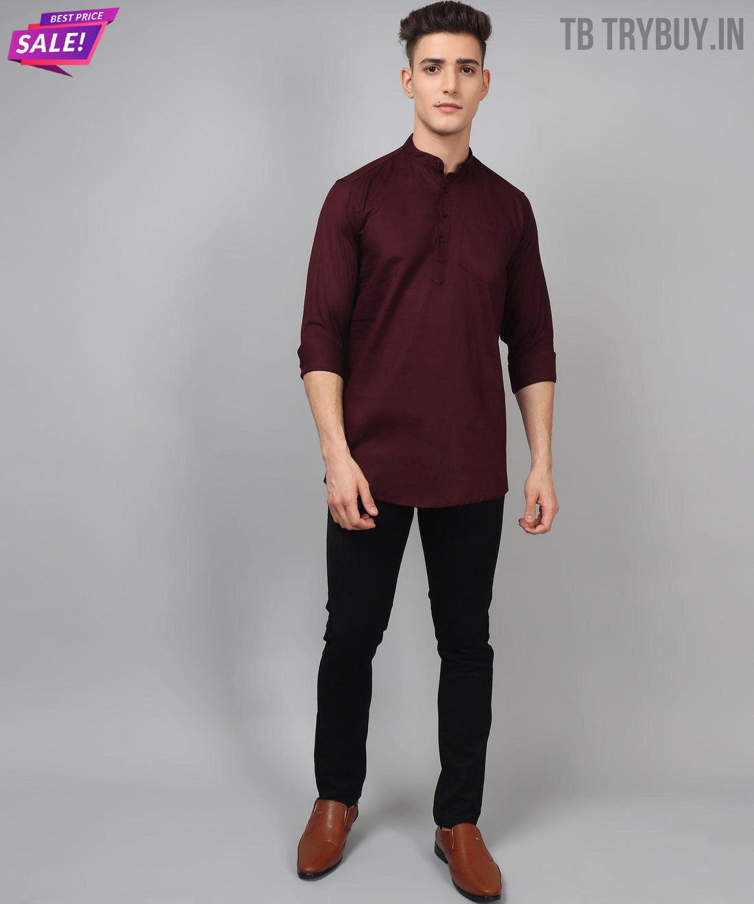 Wine red regular-fit cotton kurta for men