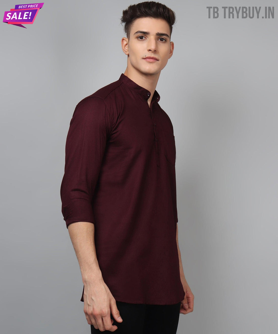 Wine red regular-fit cotton kurta for men