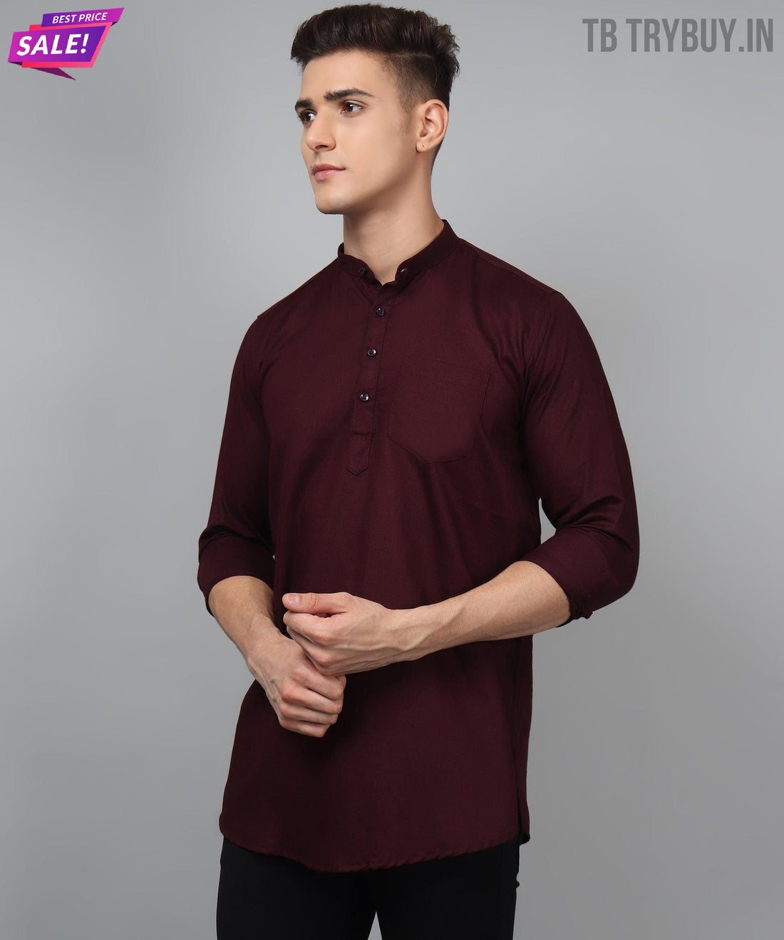Wine red regular-fit cotton kurta for men