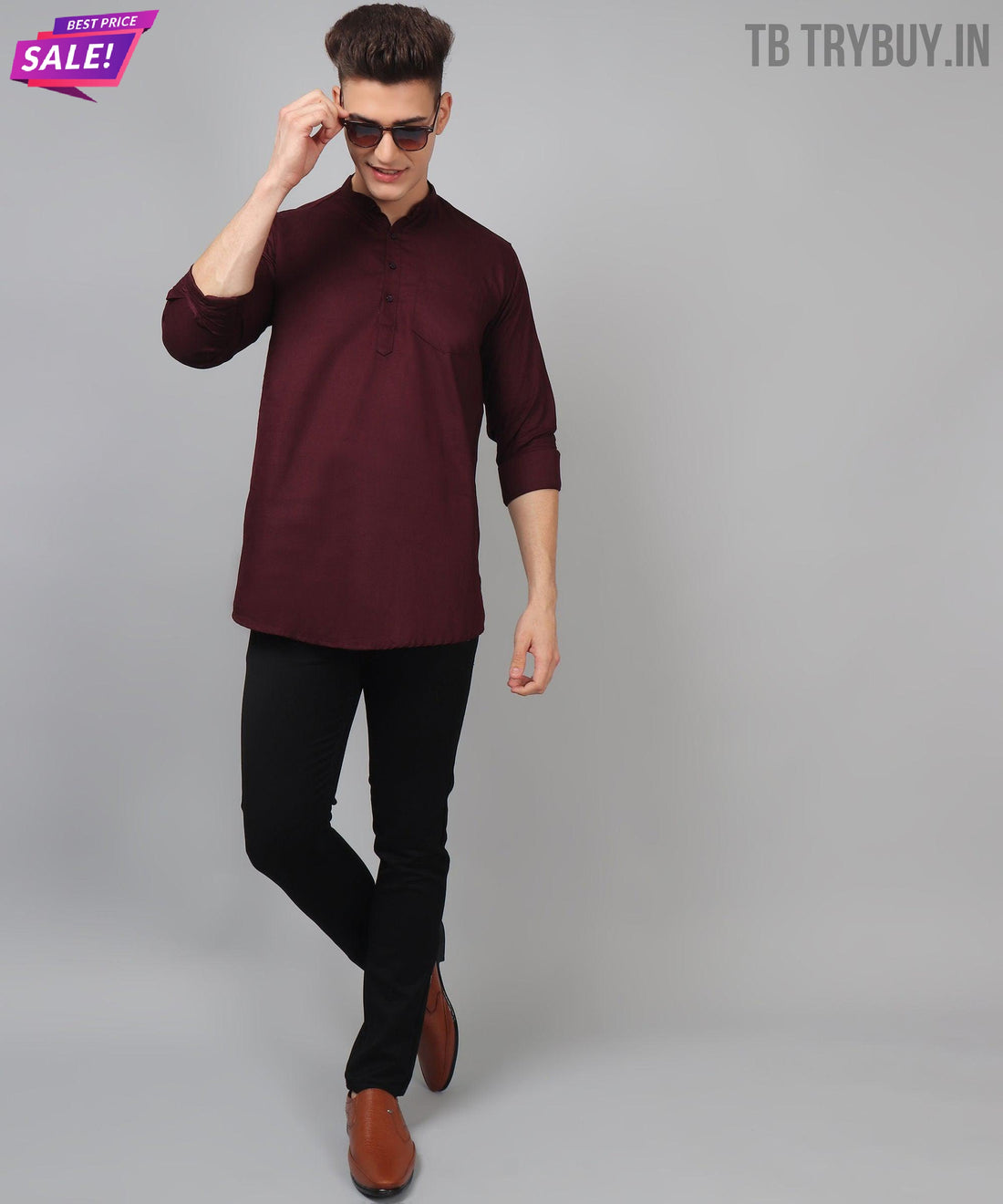 Wine red regular-fit cotton kurta for men