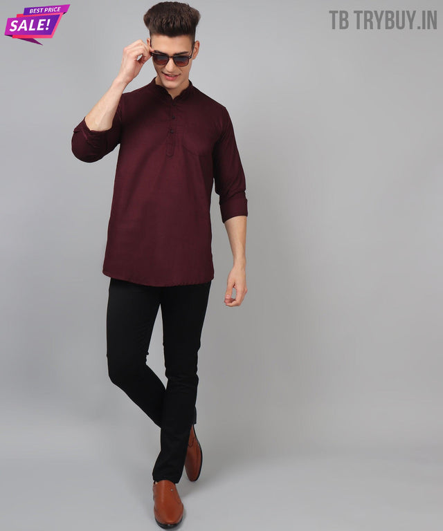 Wine red regular-fit cotton kurta for men