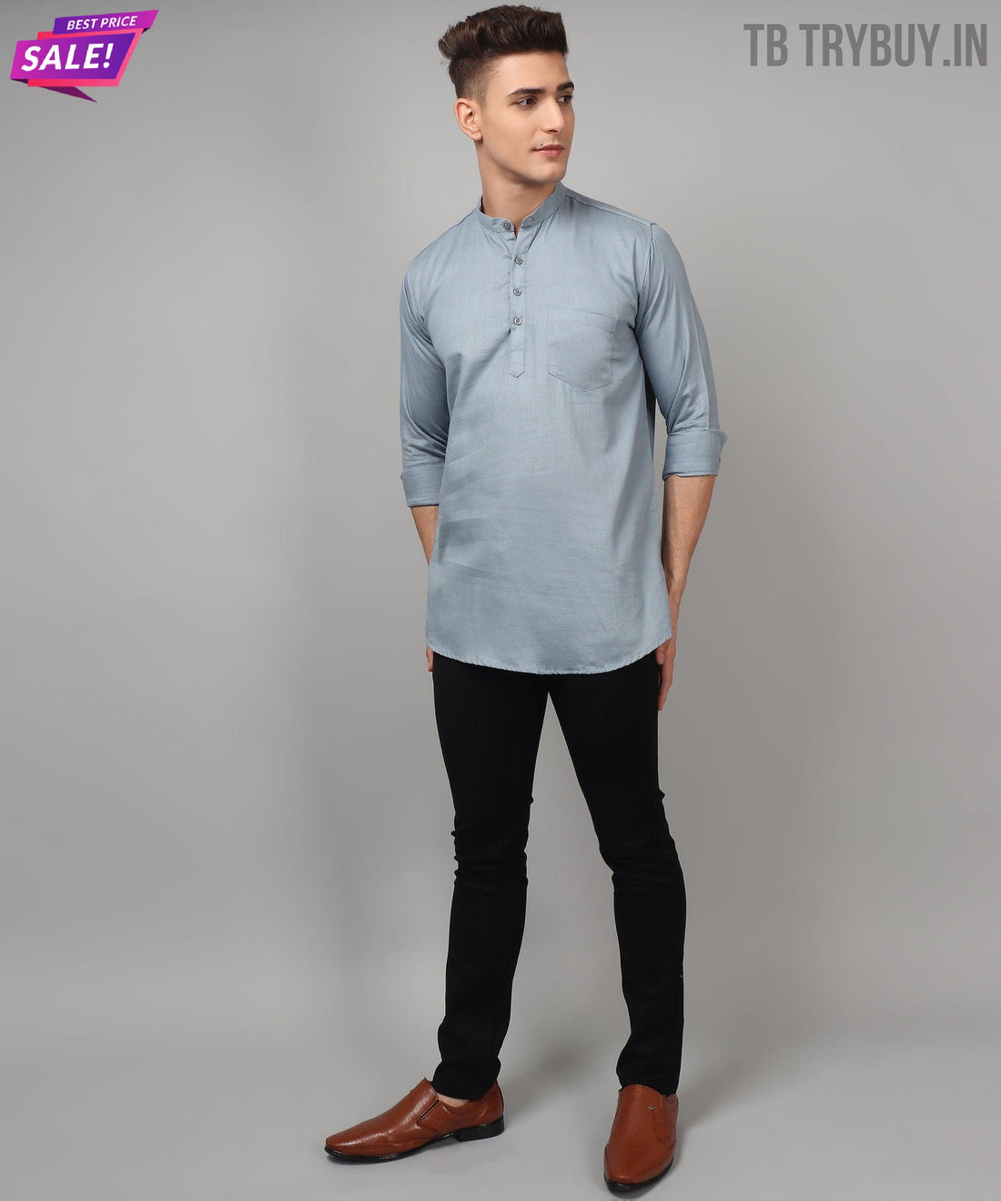 Grey regular-fit cotton kurta for men