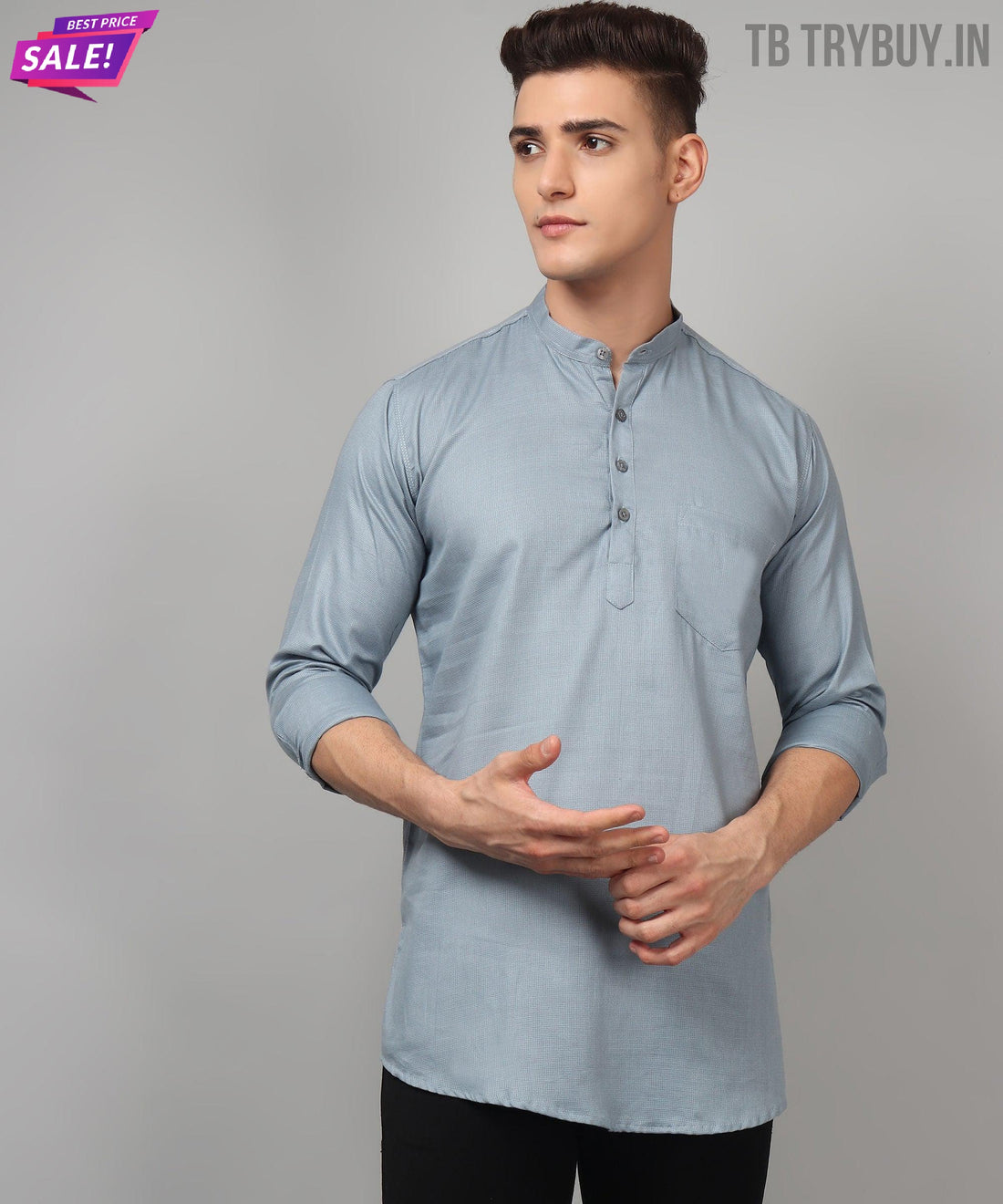 Grey regular-fit cotton kurta for men