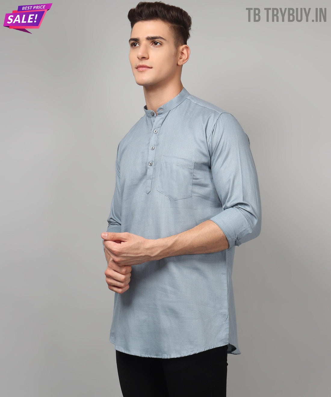 Grey regular-fit cotton kurta for men