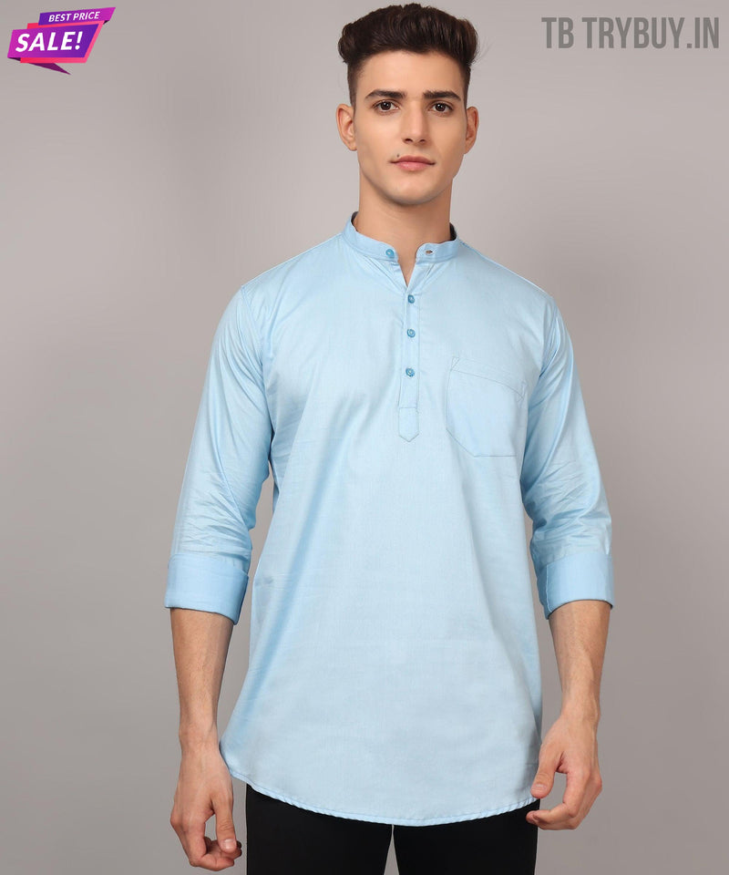 Men’s Sky Blue Regular Fit Cotton Kurta 7