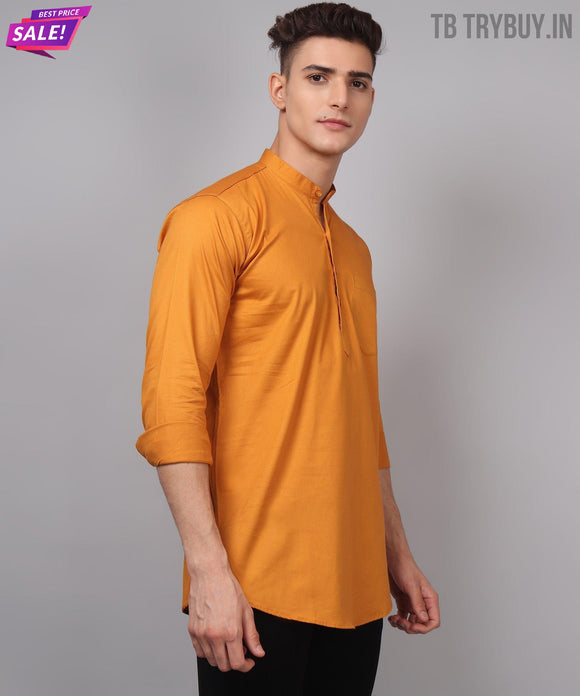 a man wearing an orange shirt and black pants