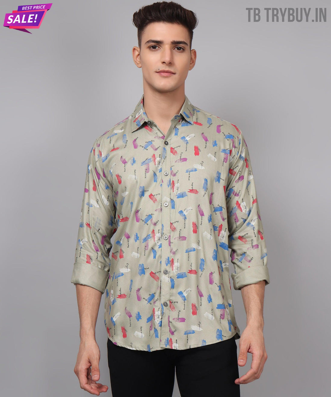 
a man wearing a shirt with a pattern on it

