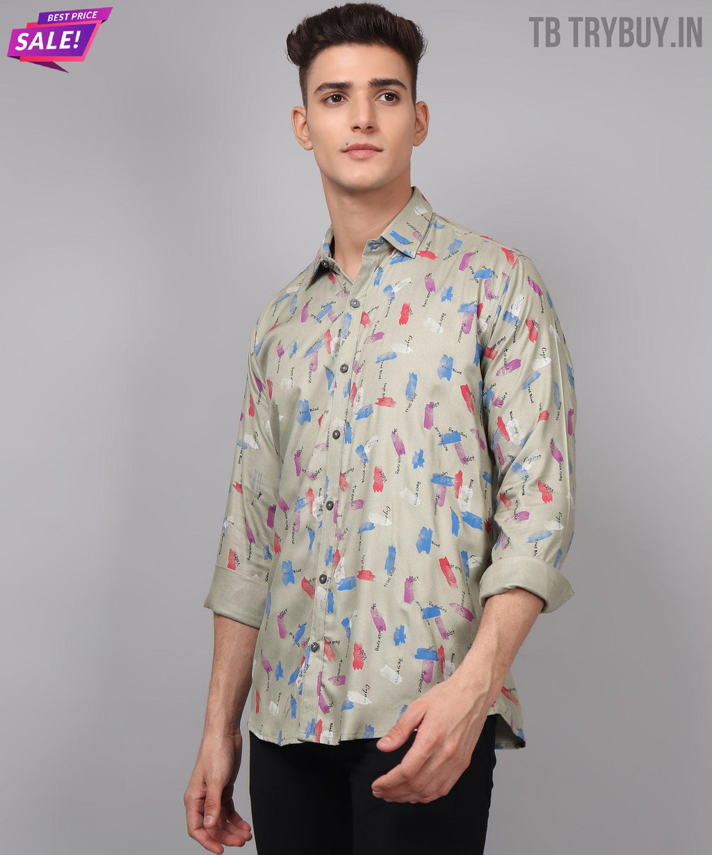 a man wearing a shirt with a colorful pattern on it