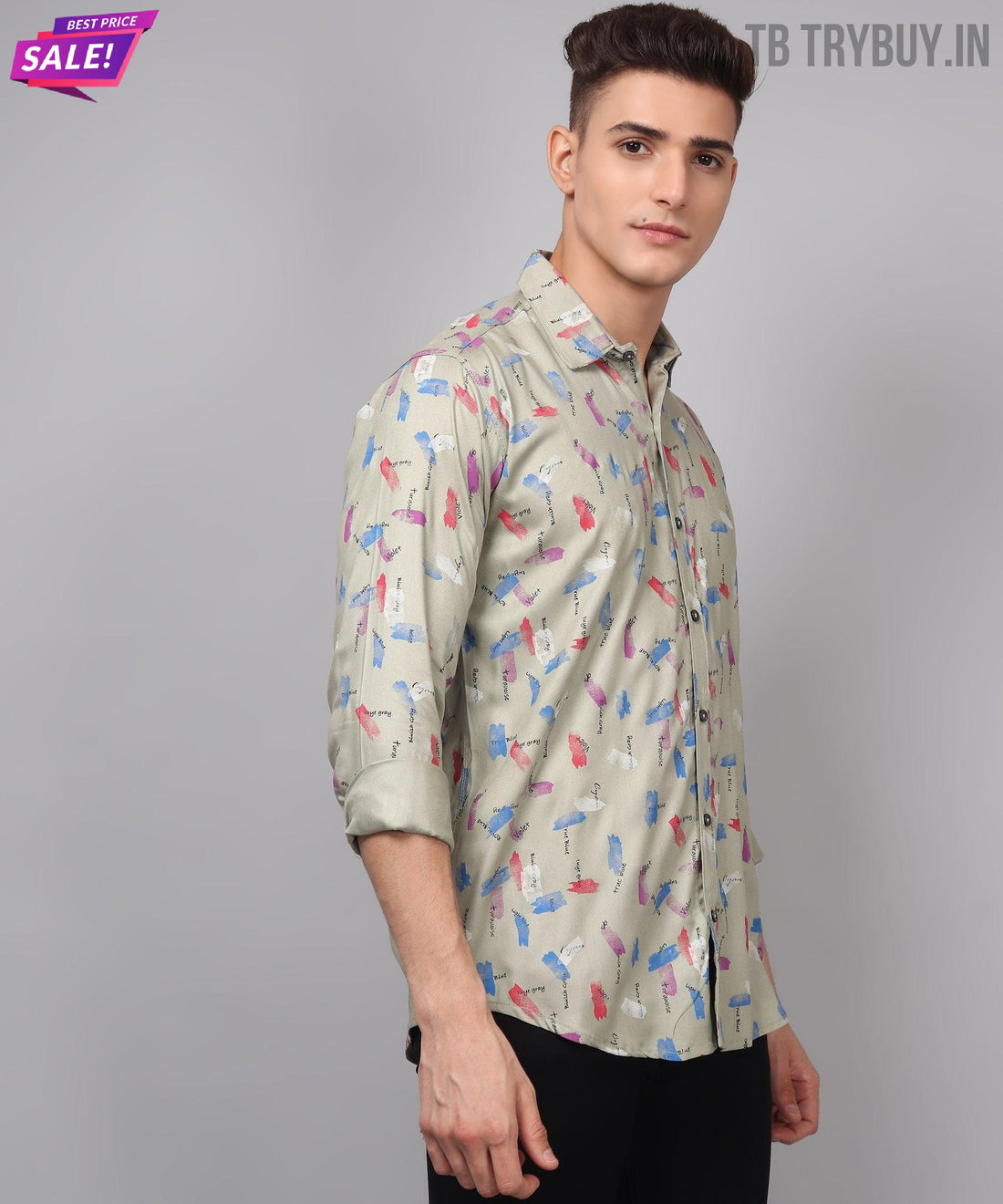 
a man wearing a shirt with a pattern on it
