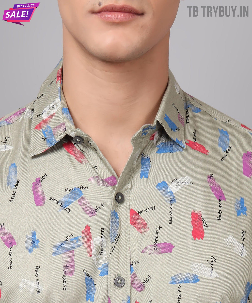 a man wearing a shirt with a pattern on it