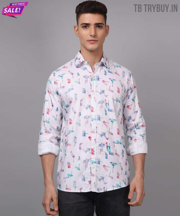 a man wearing a white shirt with colorful airplanes on it