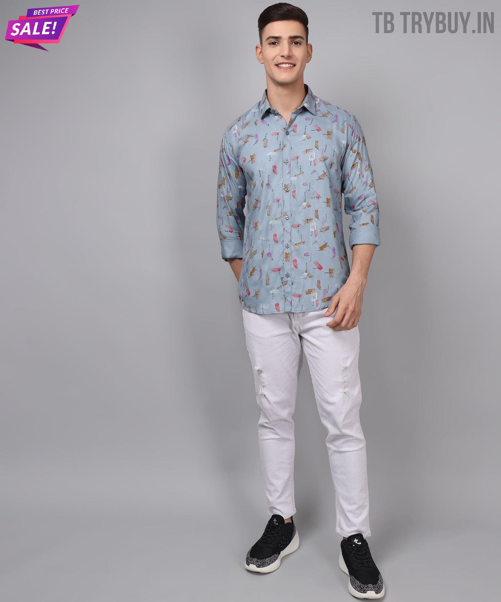 a man in a blue shirt and white pants