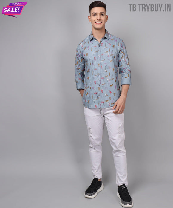 a man in a blue shirt and white pants