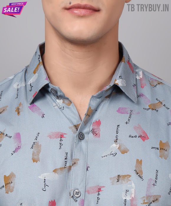 a close up of a person wearing a blue shirt