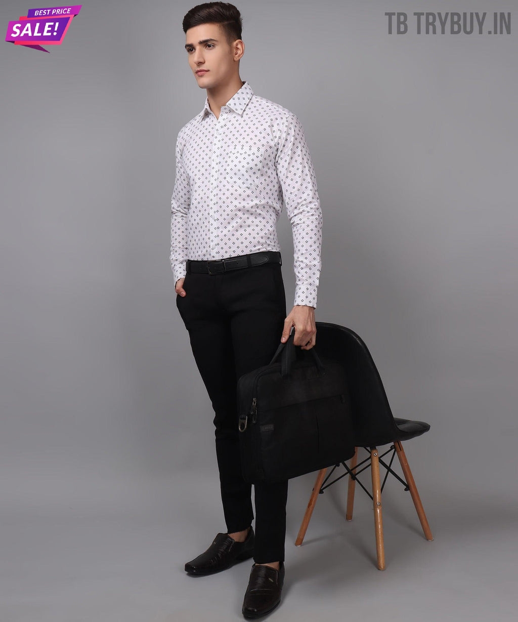 a man in a white shirt and black pants holding a black bag