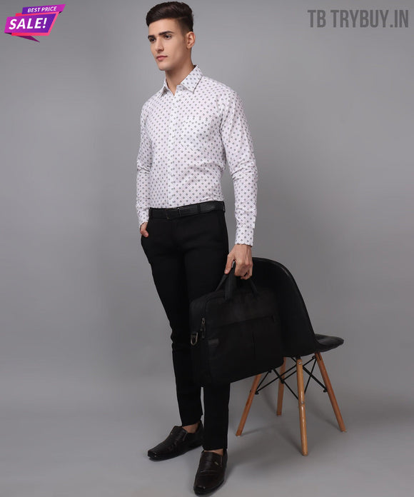 a man in a white shirt and black pants holding a black bag