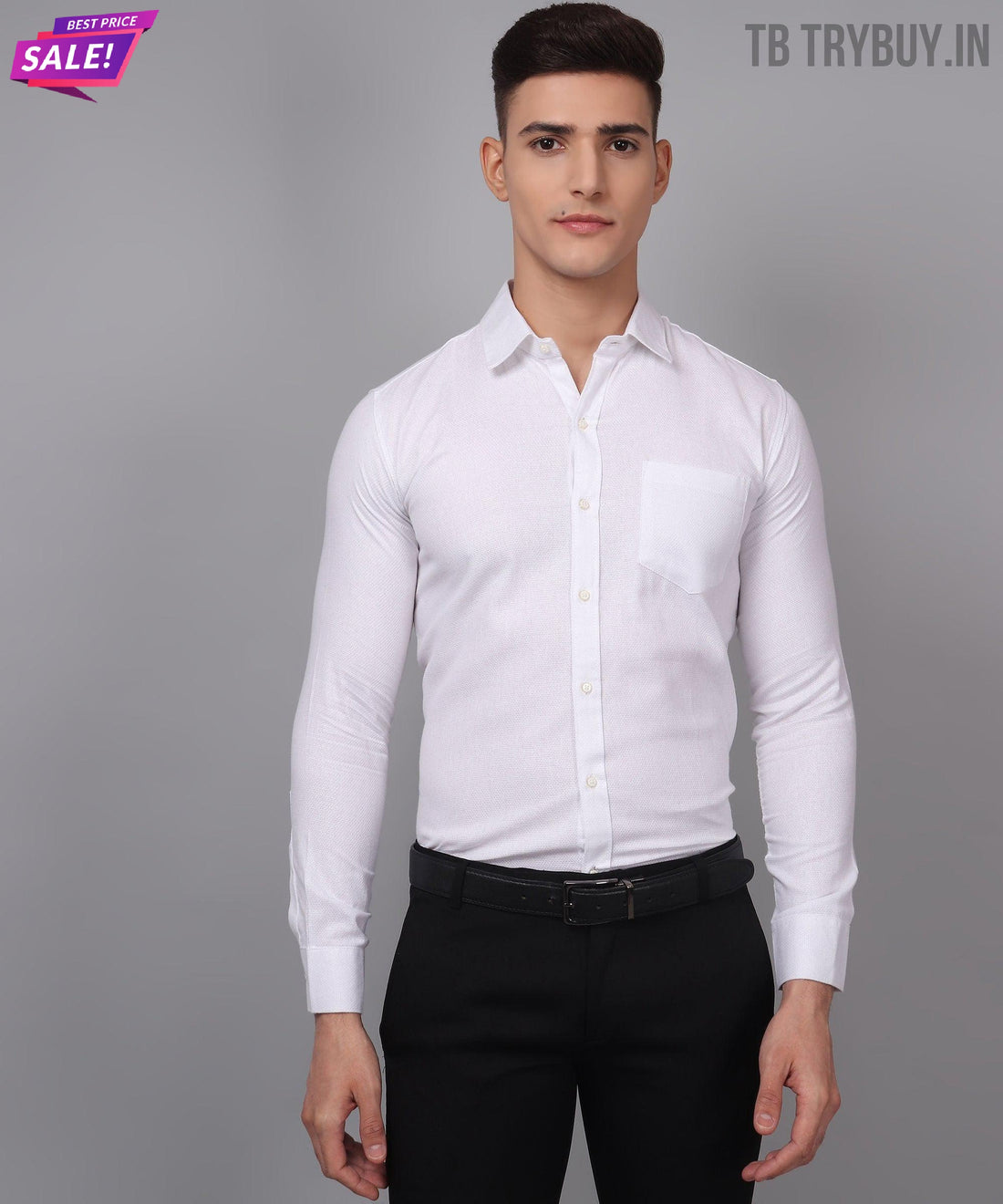 a man wearing a white shirt and black pants