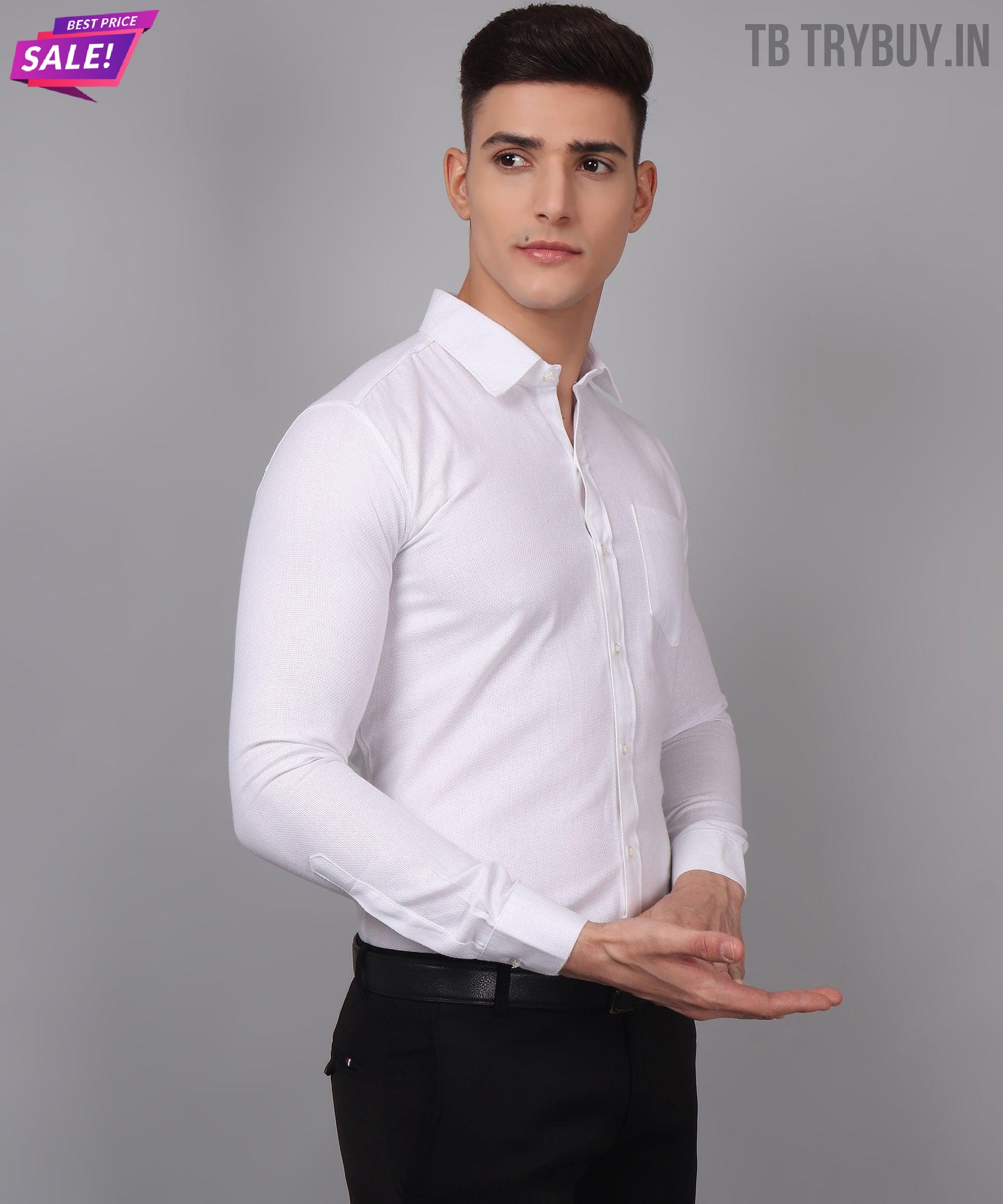 Luxe TryBuy Premium White Cotton Solid Casual/Formal Shirt For Men