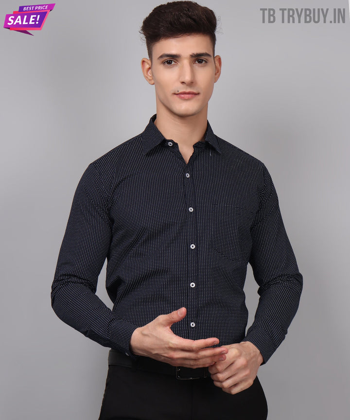 TryBuy Premium Pure Cotton Dot Printed Casual/Formal Navy Blue Shirt for Men