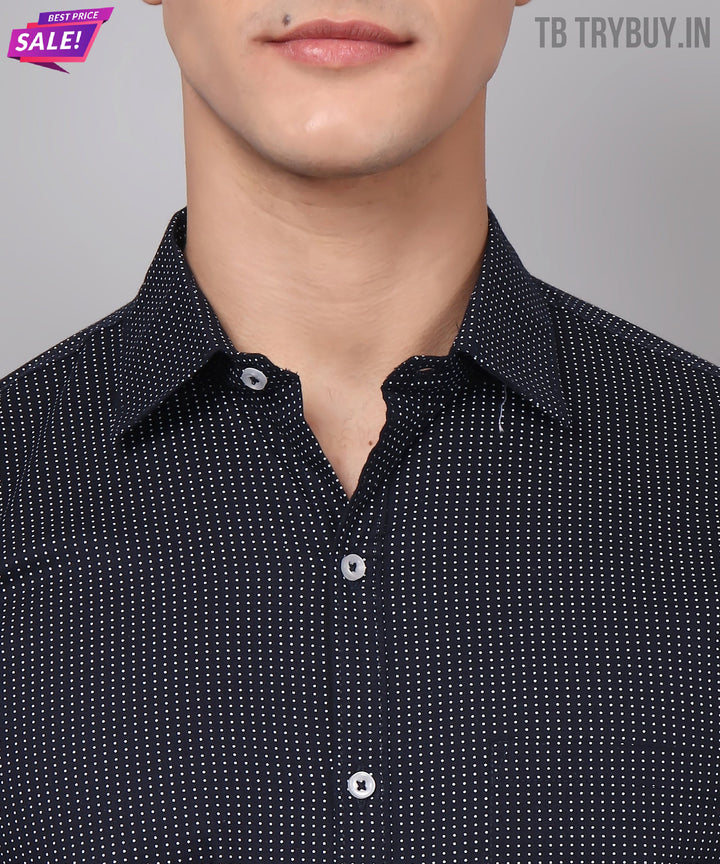 TryBuy Premium Pure Cotton Dot Printed Casual/Formal Navy Blue Shirt for Men