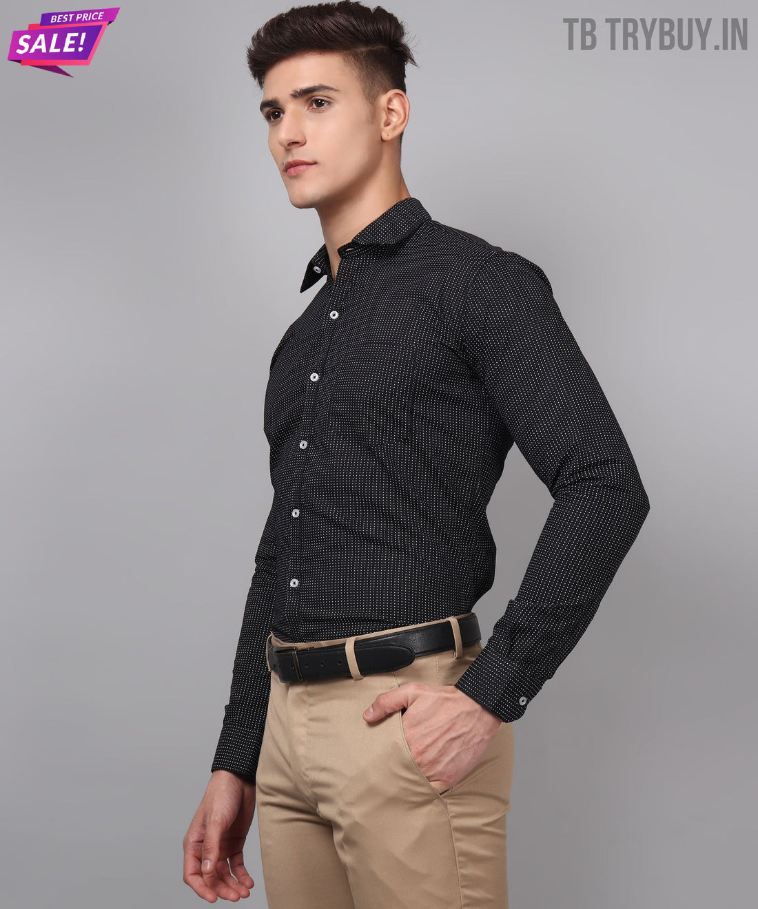 Men's black dot printed regular-fit shirt, product view