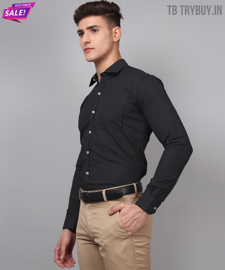 TryBuy Premium Pure Cotton Dot Printed Casual/Formal Black Shirt for Men