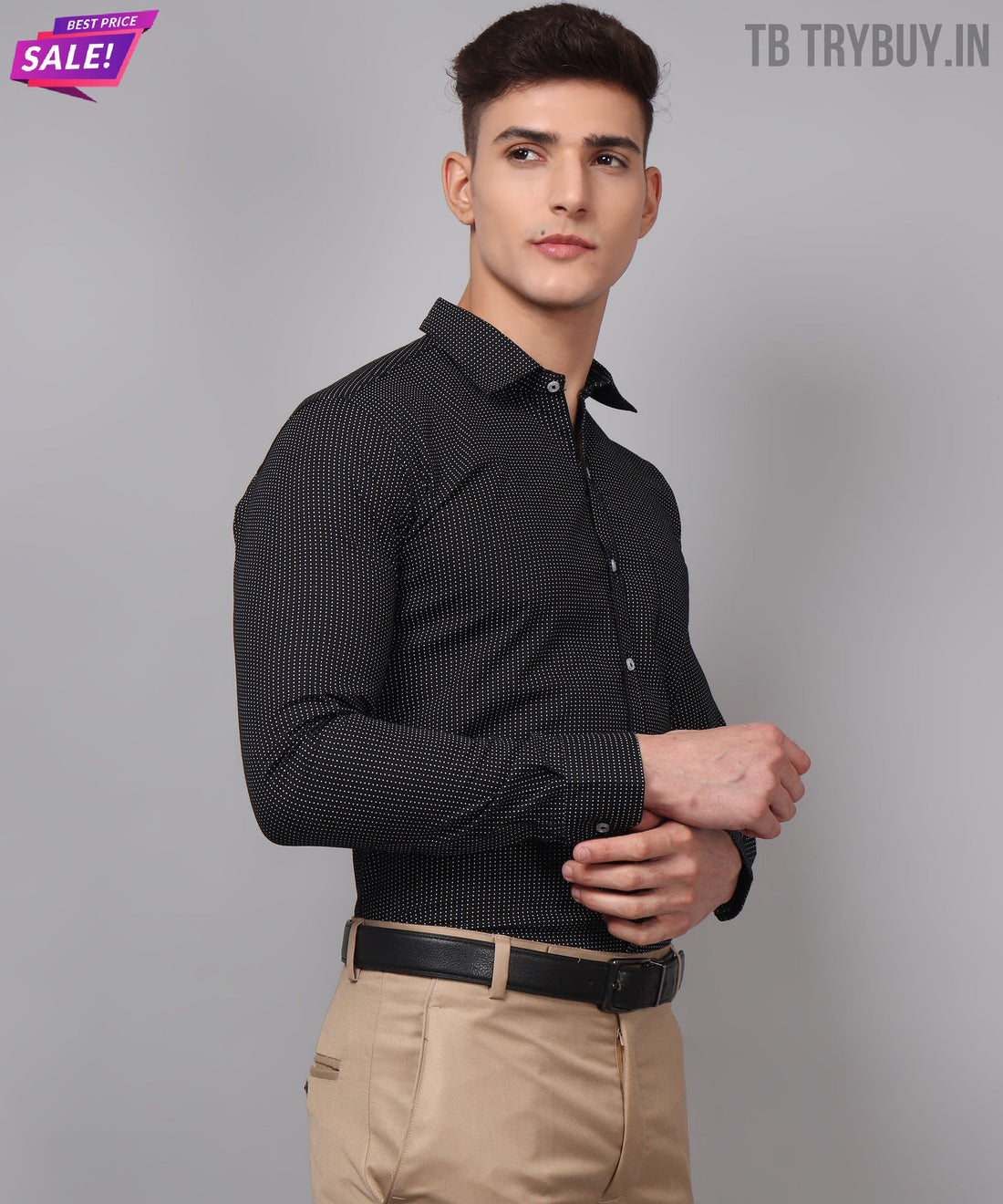 Men's black dot printed regular-fit shirt, product view