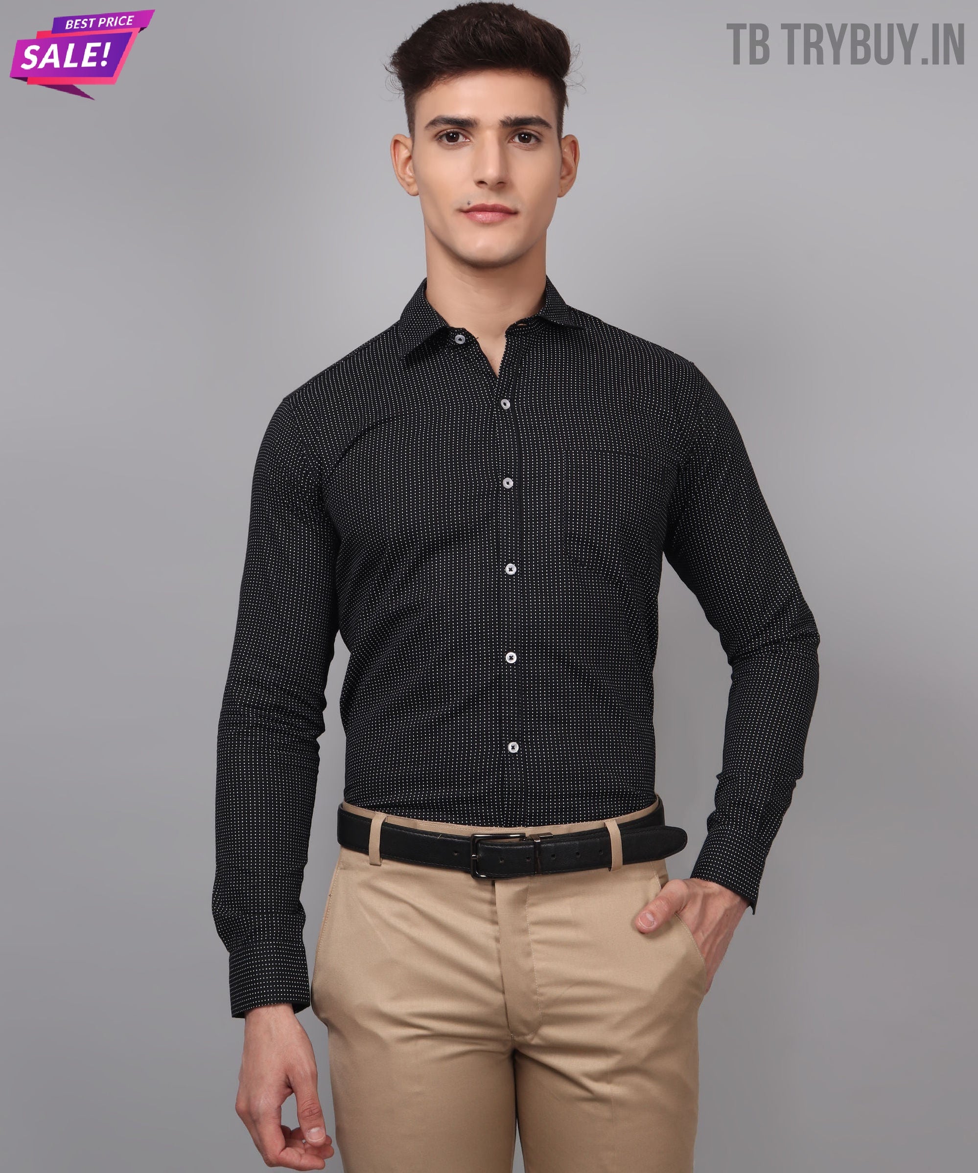 TryBuy Premium Pure Cotton Dot Printed Casual/Formal Black Shirt for Men